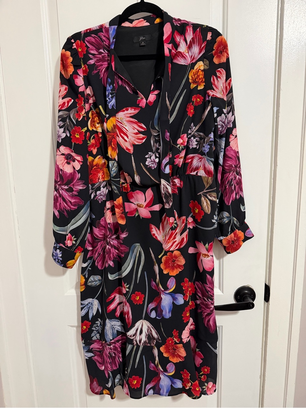J. Crew Black Midi Dress with Multicolor Floral Print